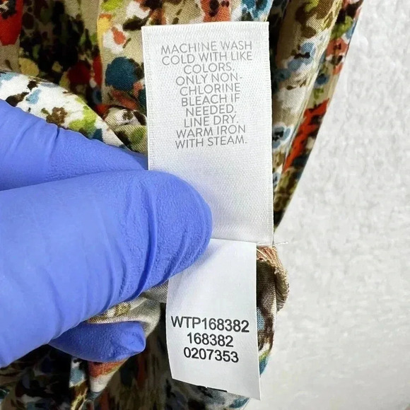 J Jill Women M Wheat Button Down Floral Blouse Fabric Buttons Bell Sleeve Career - Picture 15 of 16